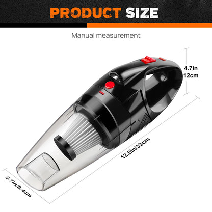 Handheld vacuum cleaner with dimensions labeled on a white background