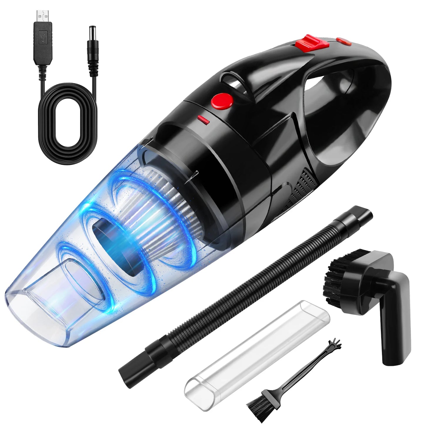 Handheld vacuum cleaner with attachments on a white background