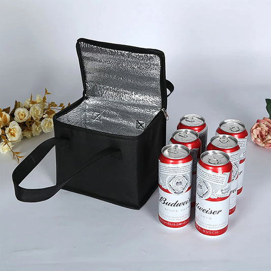 Black insulated cooler bag with Budweiser cans on a light background
