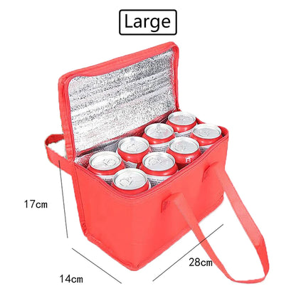 Red insulated cooler bag with cans inside, showing dimensions on a white background