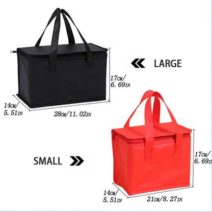 Black and red insulated bags with measurements on a white background