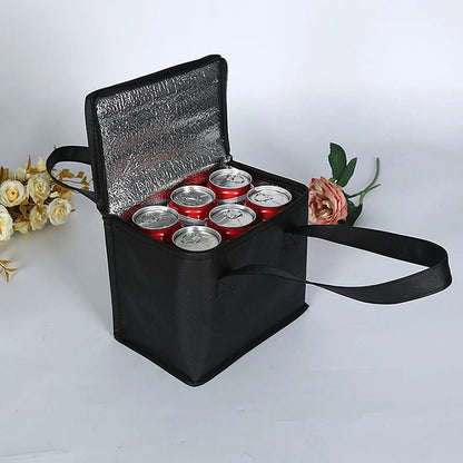 Black insulated cooler bag with cans on a white background
