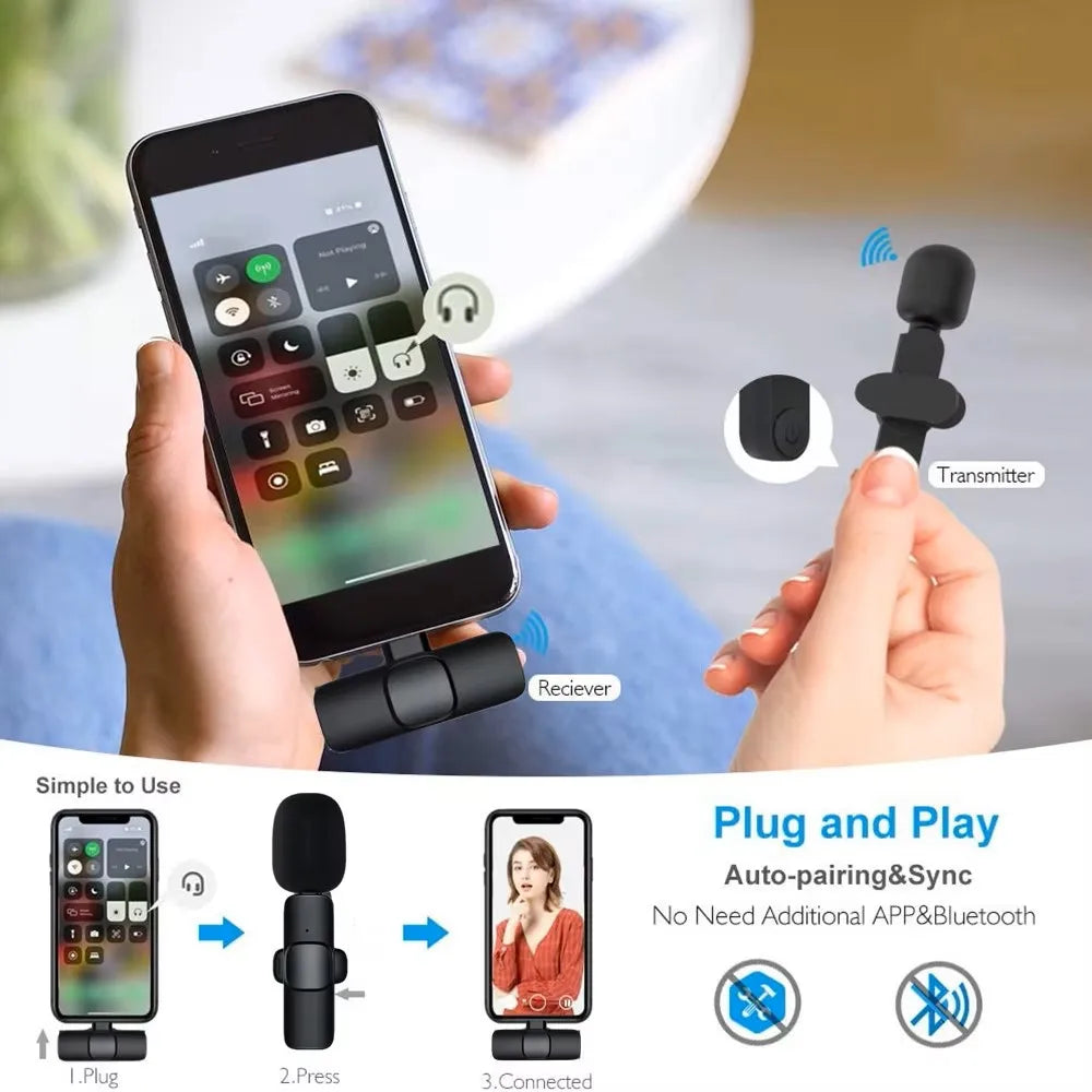 Hands holding a smartphone with audio control app and a wireless microphone setup, showing plug and play functionality.