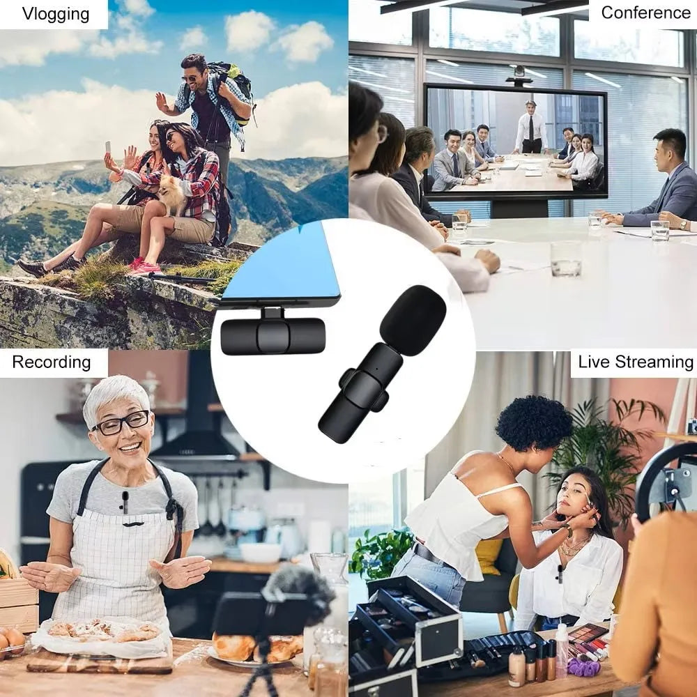 Collage of a microphone in various settings including vlogging, conference, recording, and live streaming.