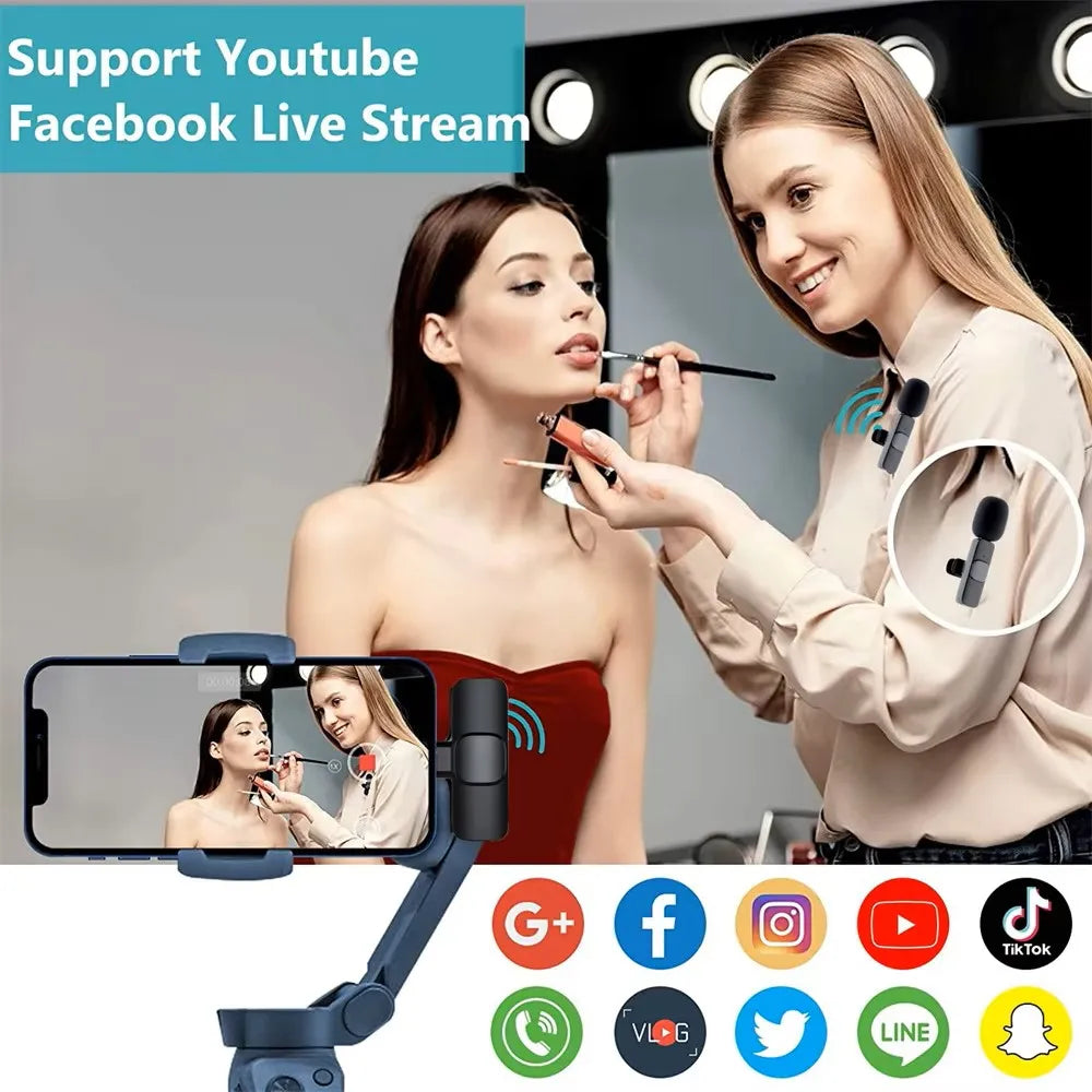 Makeup artist applying makeup to a model with a smartphone camera setup for live streaming on social media platforms.