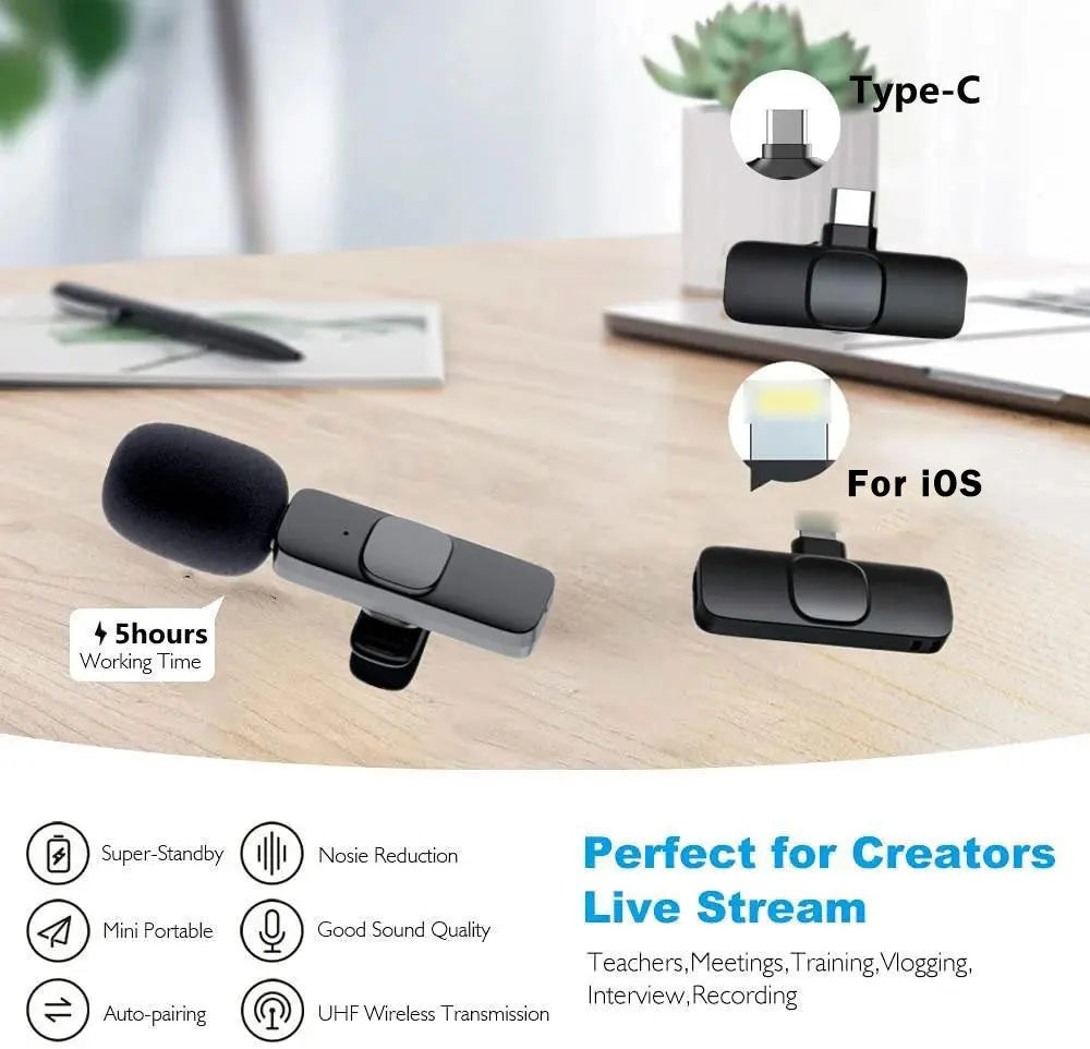 Two types of microphones on a desk with text indicating compatibility and features.