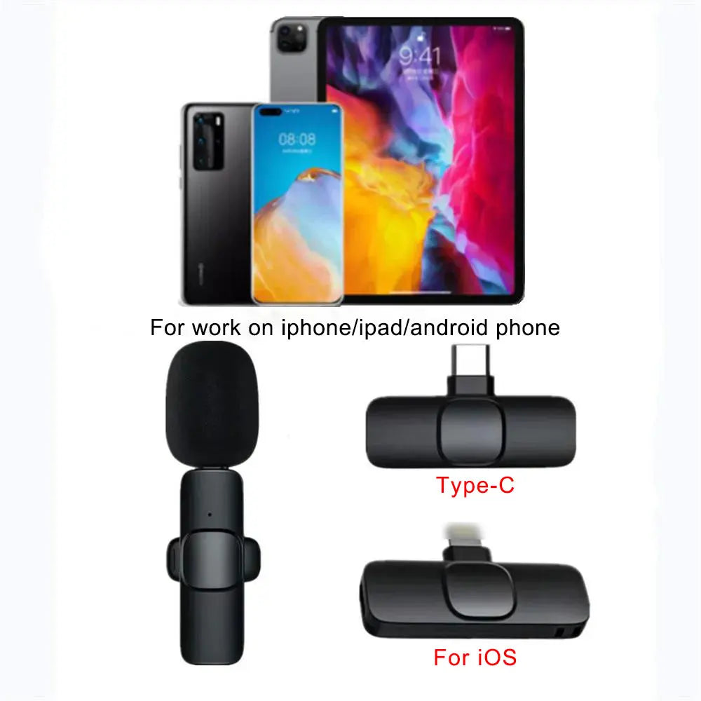 Set of electronic devices including a tablet, smartphone, and two microphones with labels for compatibility on different phone types.