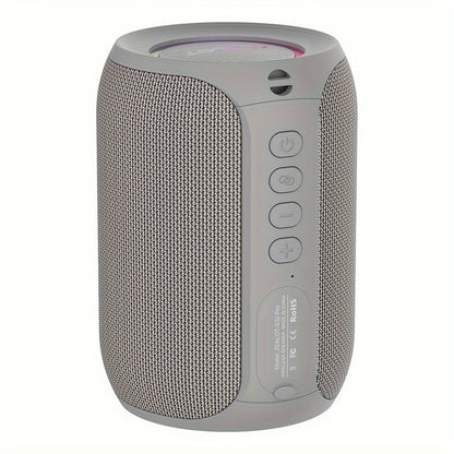 Gray textured portable speaker with control buttons on a white background