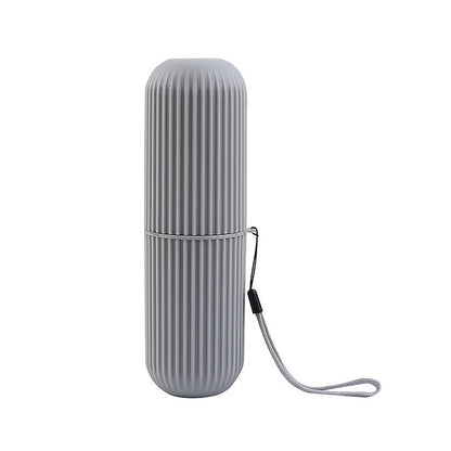 Gray cylindrical container with a strap on a white background