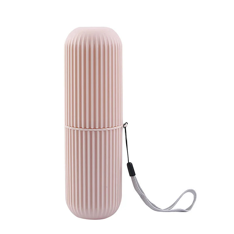 Pink cylindrical case with a strap on a white background