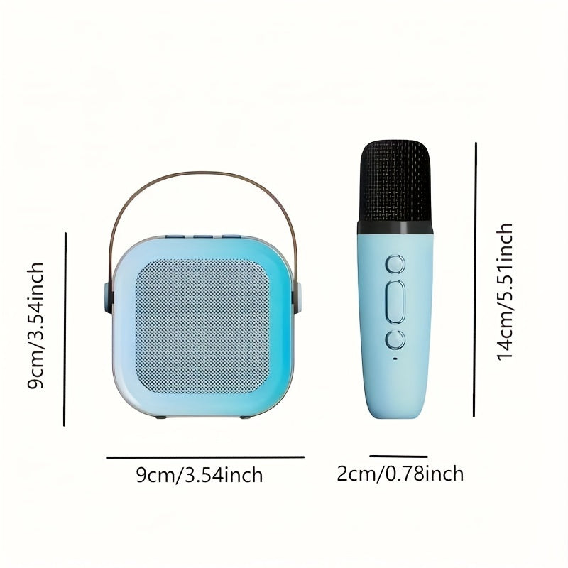 Measurement chart of a blue portable speaker and microphone on a white background