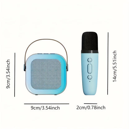 Measurement chart of a blue portable speaker and microphone on a white background