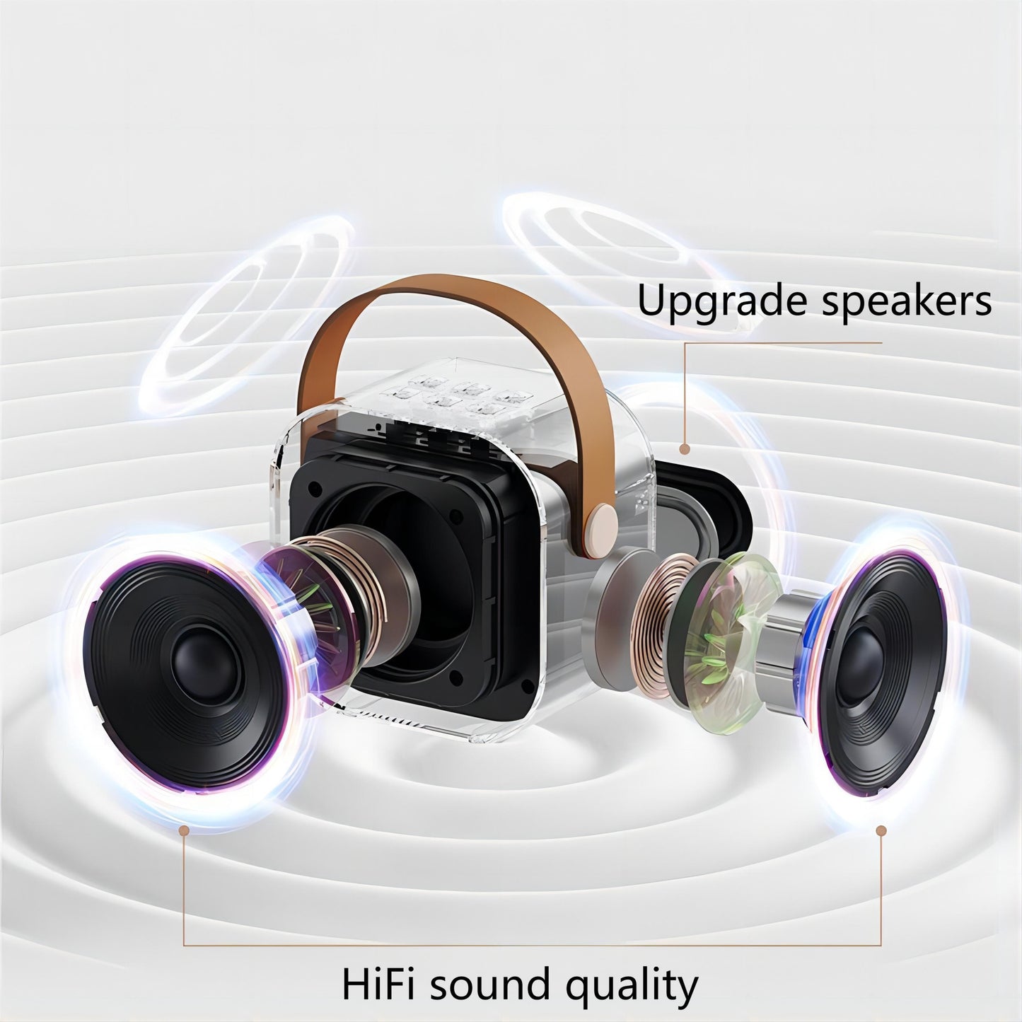 Portable speaker with 'Upgrade speakers' and 'HiFi sound quality' text on a white background