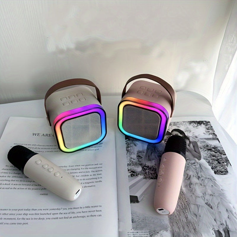Colorful Bluetooth speakers on an open book with a magazine underneath