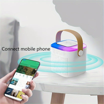 Smart device with a handle and a smartphone showing app interface on a light gray background