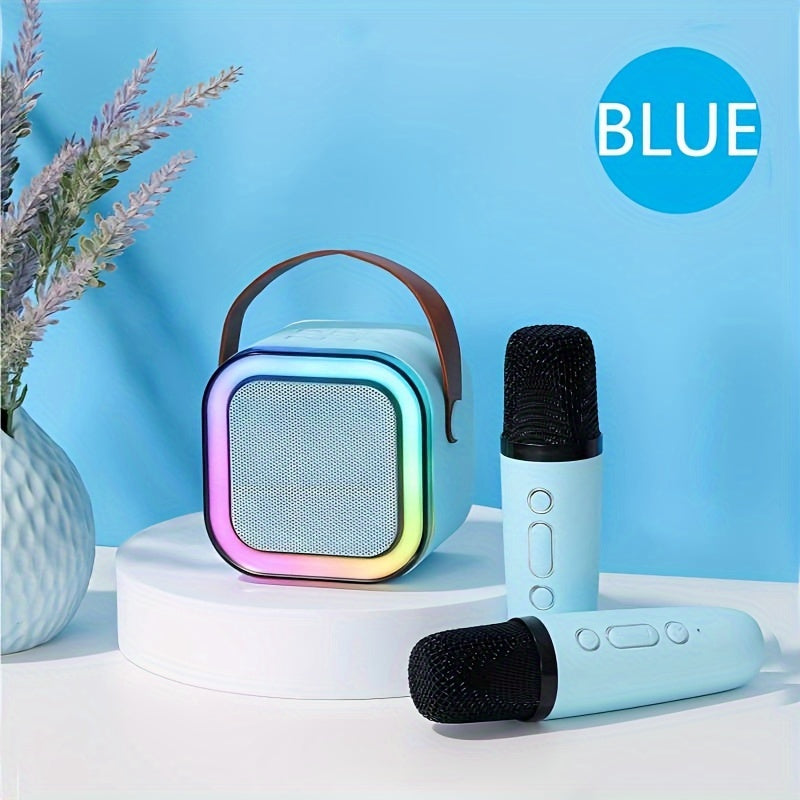 Colorful portable speaker with a microphone on a blue background