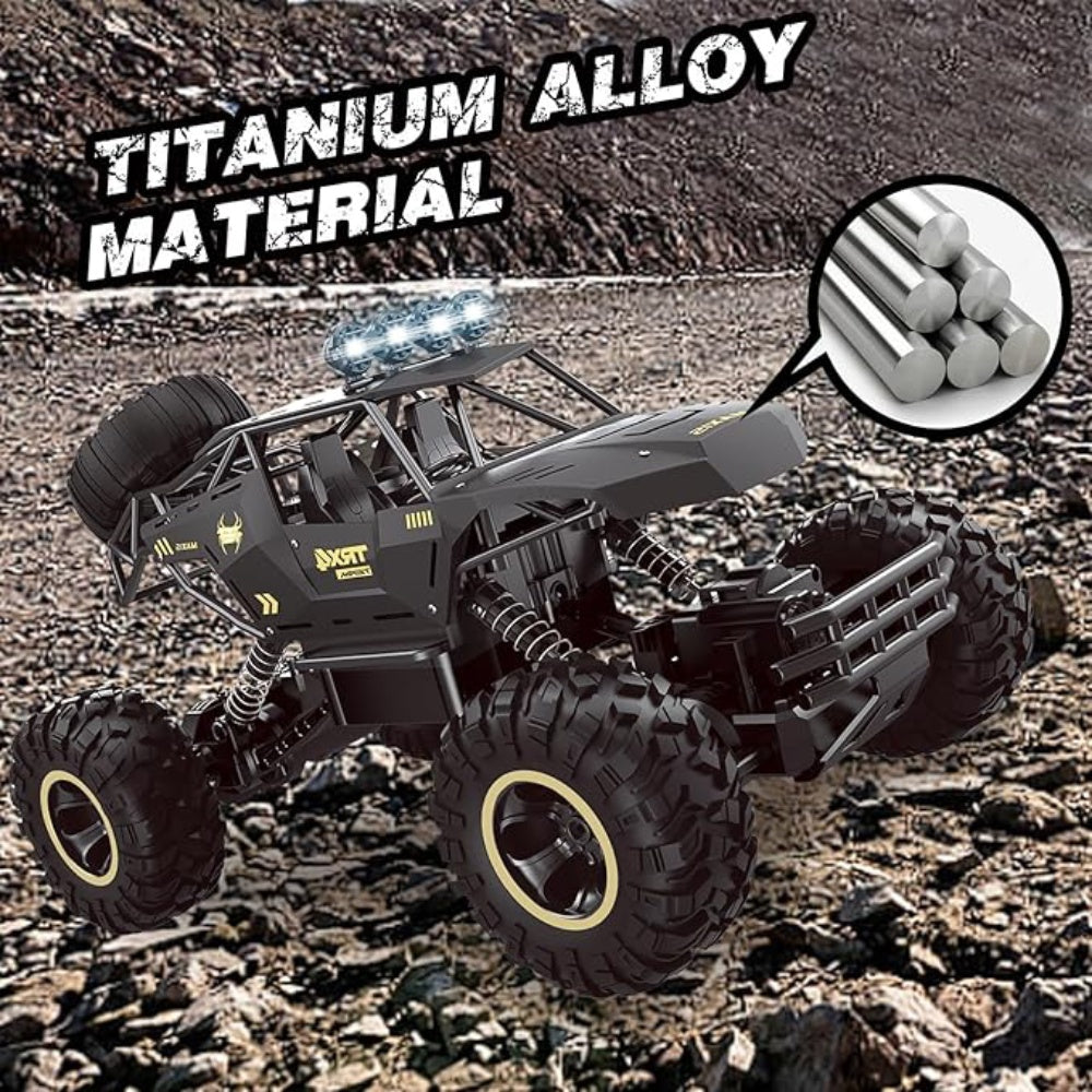 Toy truck with titanium alloy material text and close-up inset on a rocky terrain