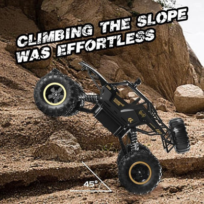 Toy off-road vehicle climbing a rocky slope with text 'Climbing the slope was effortless'.