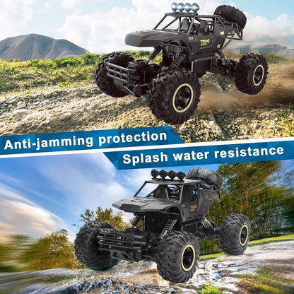 Monster truck on a rocky terrain with 'Anti-jamming protection' and 'Splash water resistance' text.