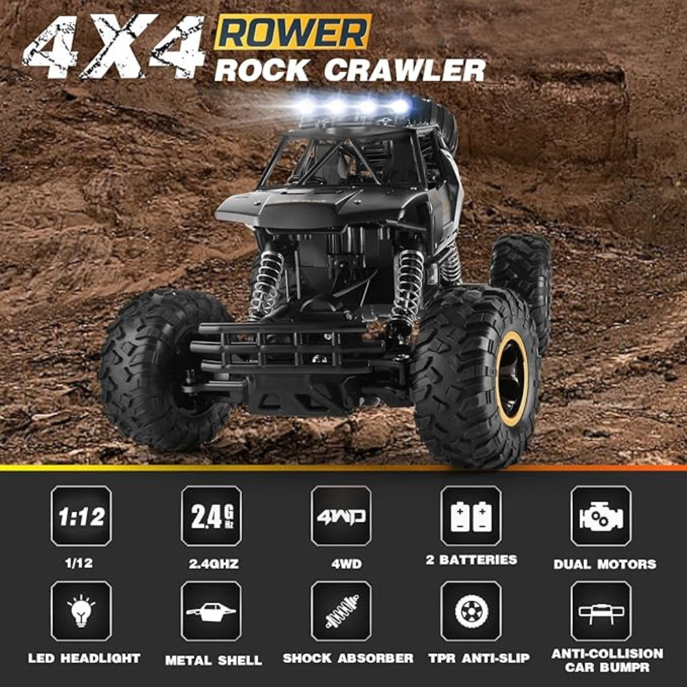 4x4 rock crawler toy vehicle on a dirt background with features listed below.