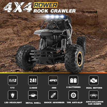 4x4 rock crawler toy vehicle on a dirt background with features listed below.