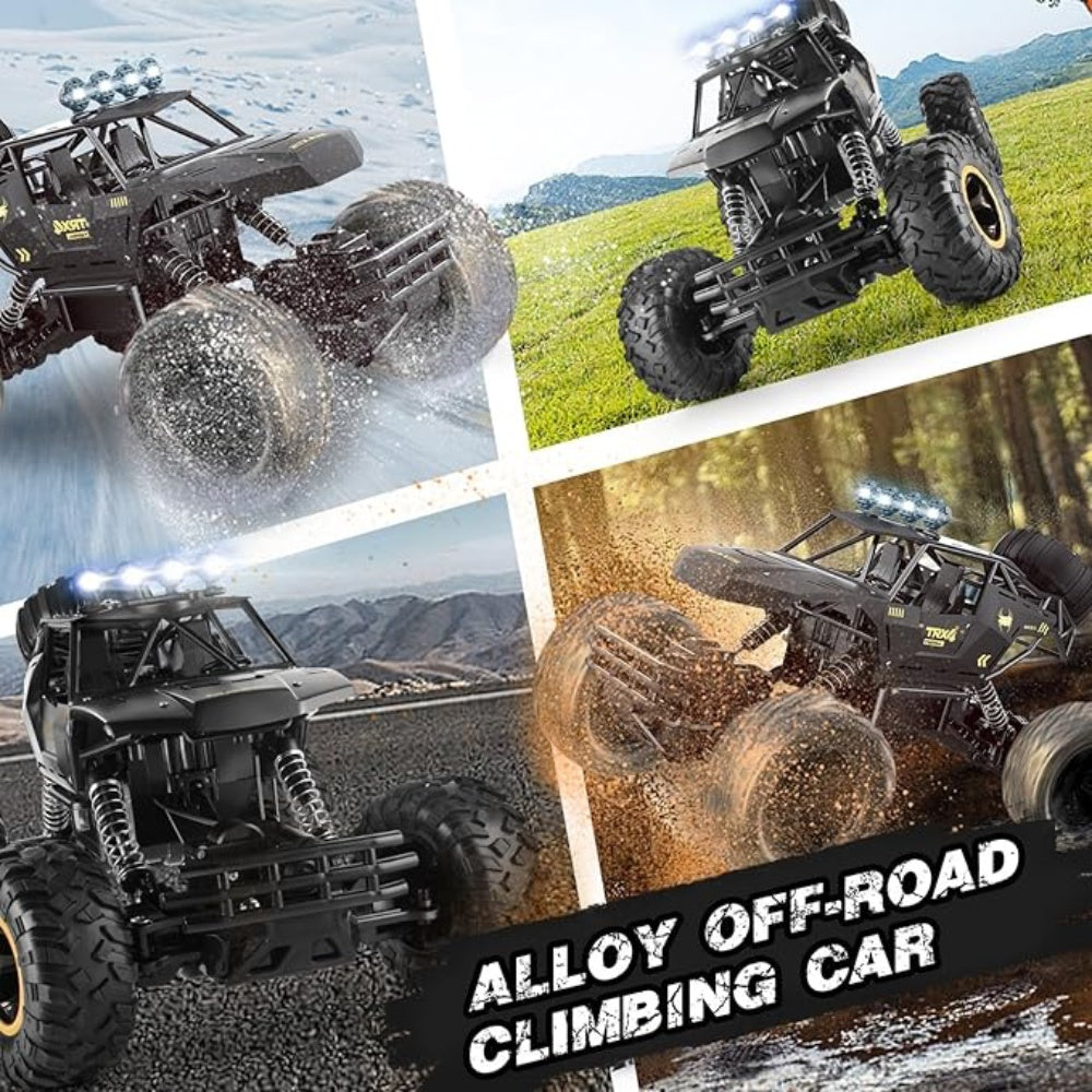 Collage of alloy off-road climbing cars in various terrains with text 'Alloy Off-Road Climbing Car'.