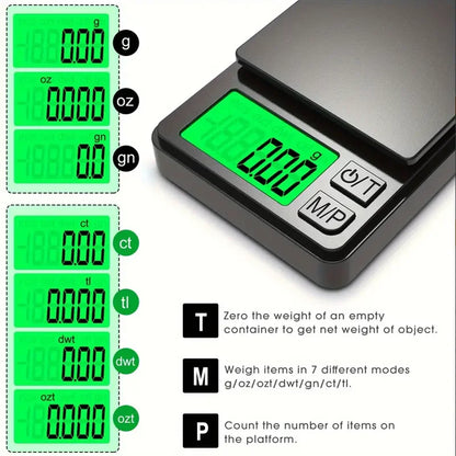 Digital pocket scale with green display and various measurement modes on a white background