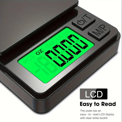 Digital scale with a green LCD display on a white background