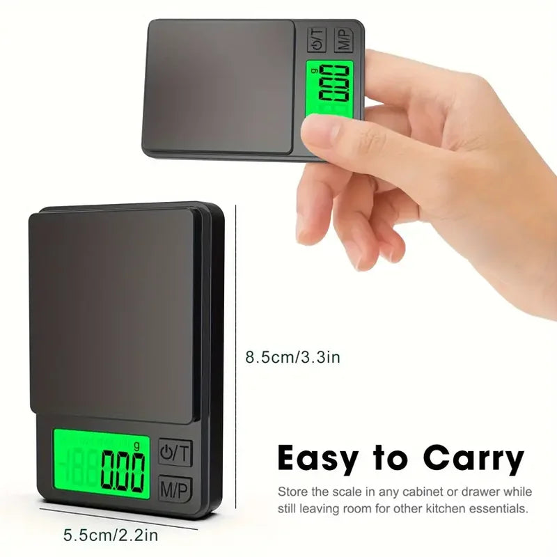 Digital pocket scale with green display held by a hand, showing dimensions and ease of carrying text.