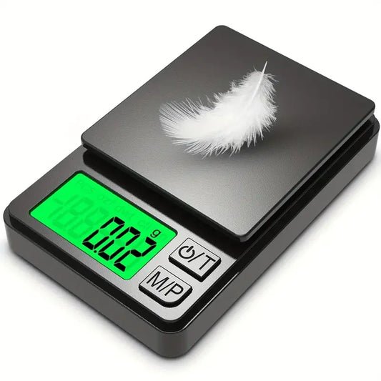 Digital pocket scale with a feather on top, displaying weight measurement.