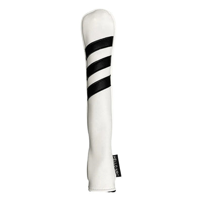 White golf club head cover with black stripes on a white background