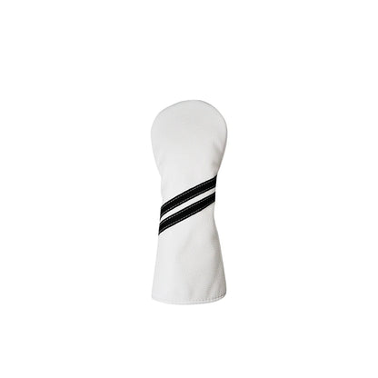 White golf club head cover with black stripes on a white background