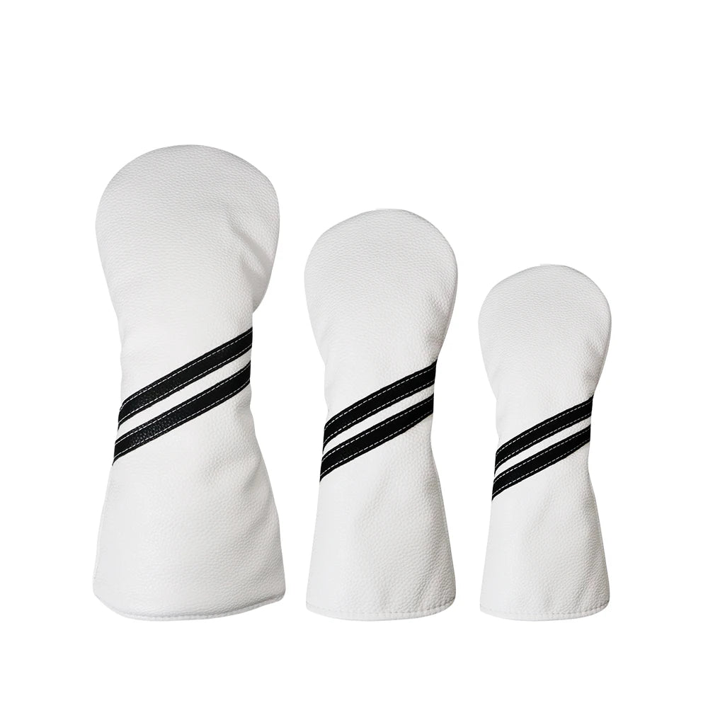 Three white golf club heads with black stripes on a white background
