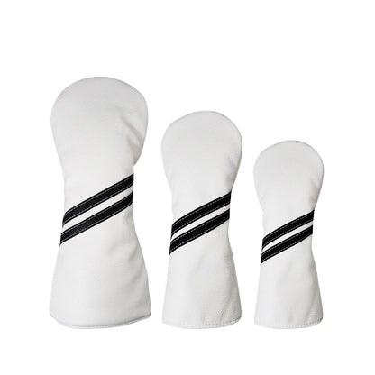 Three white golf club heads with black stripes on a white background