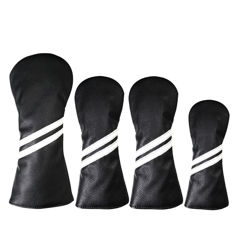 Four black golf club head covers with white stripes on a white background