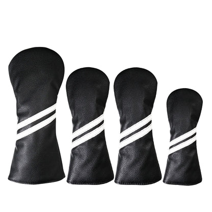 Four black golf club head covers with white stripes on a white background