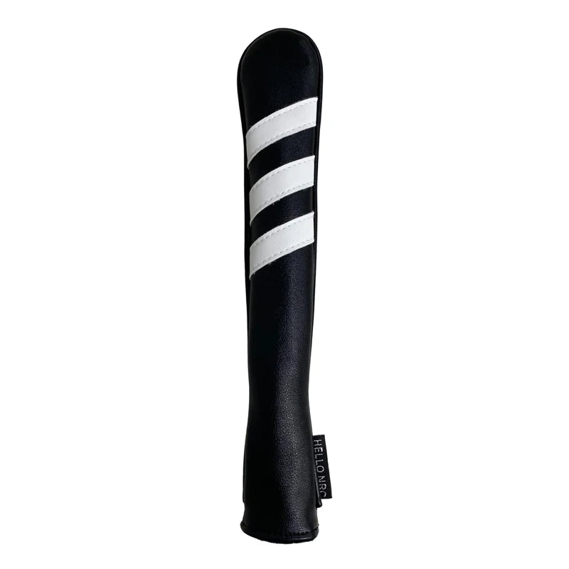 Black golf club head cover with white stripes on a white background