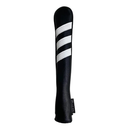 Black golf club head cover with white stripes on a white background