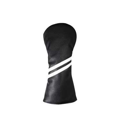 Black golf club head cover with white stripes on a white background