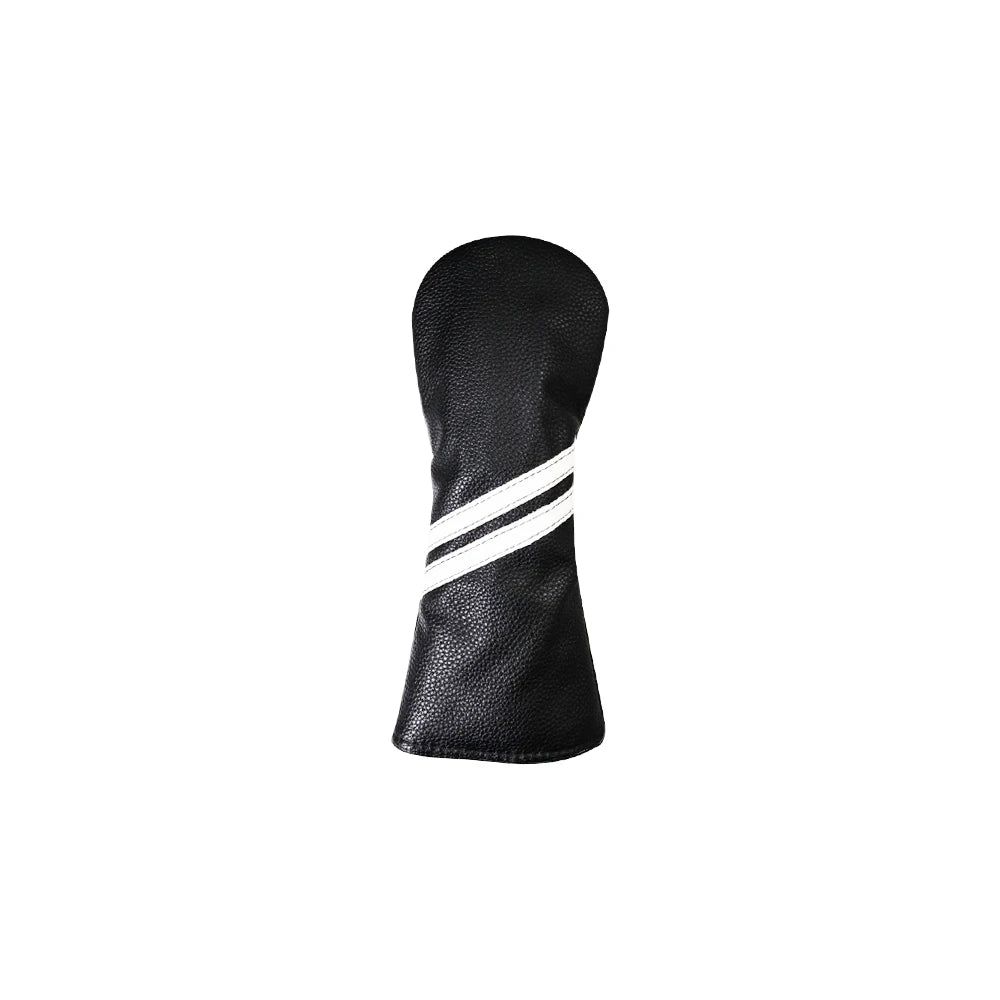 Black golf club head cover with a white stripe on a white background
