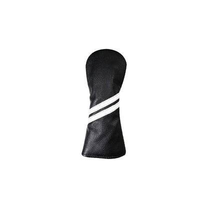 Black golf club head cover with a white stripe on a white background