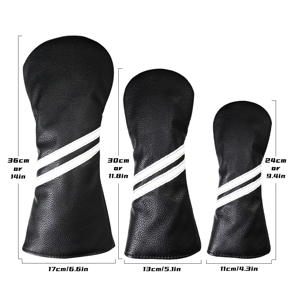 Three black golf club head covers with white stripes and measurements on a white background