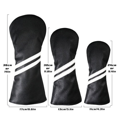 Three black golf club head covers with white stripes and measurements on a white background