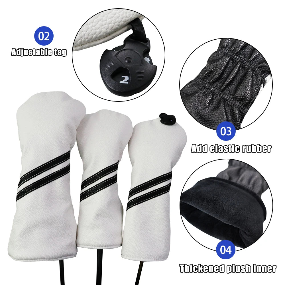 White golf club covers with black stripes, showing adjustable tag, elastic rubber, and plush inner features.