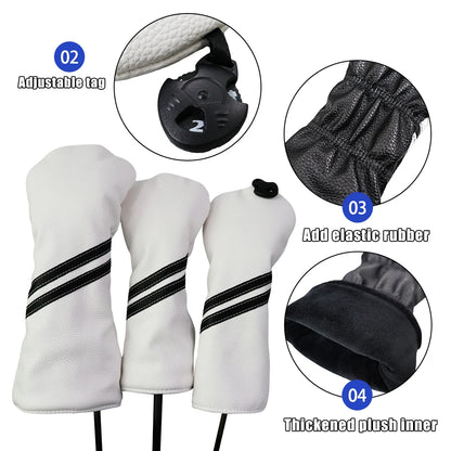 White golf club covers with black stripes, showing adjustable tag, elastic rubber, and plush inner features.