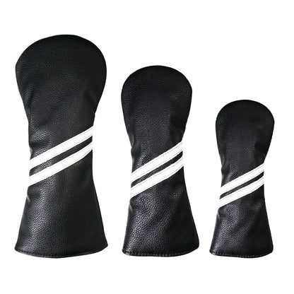 Three black golf club head covers with white stripes on a white background