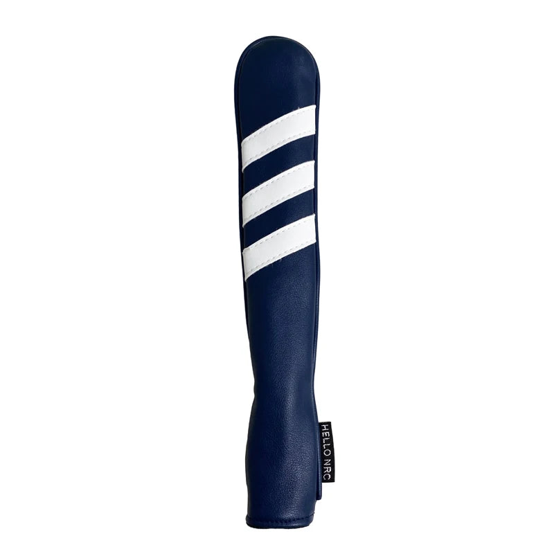 Navy blue golf club head cover with white stripes on a white background