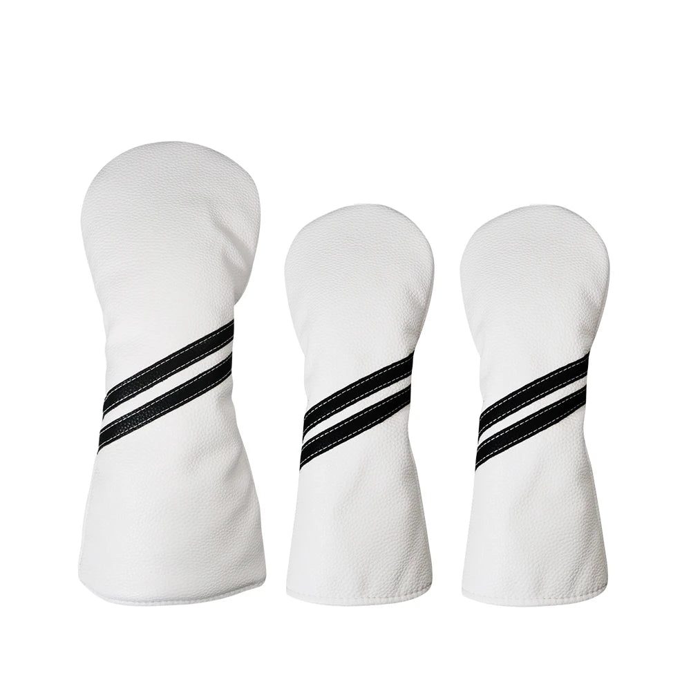 Three white golf club heads with black stripes on a white background