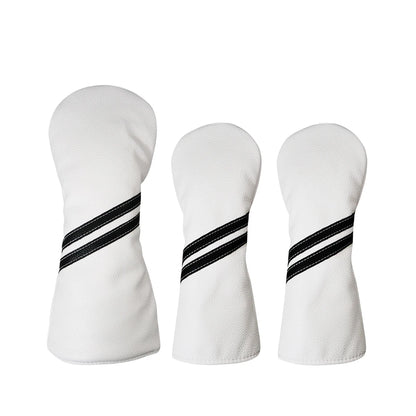 Three white golf club heads with black stripes on a white background