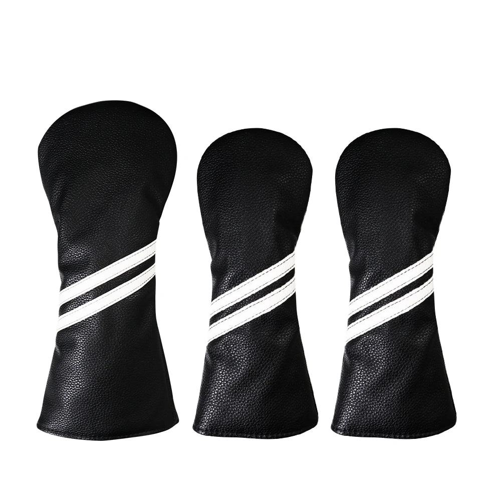 Three black golf club head covers with white stripes on a white background
